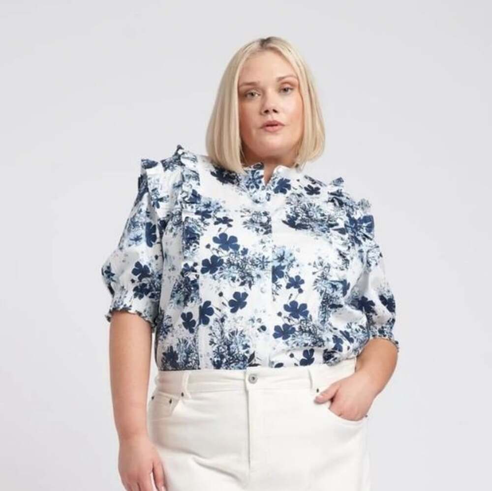 Erdem x Universal Standard Kalina Floral Ruffle Short Sleeve Shirt Blouse
